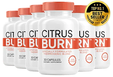 Citrus Burn bottle surrounded by its seven natural ingredients